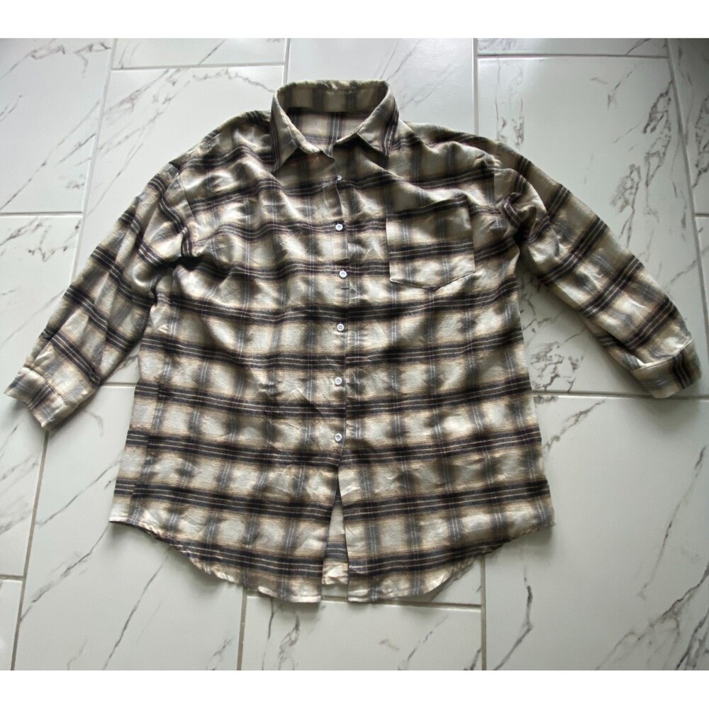 Cliche Womens S Plaid Button Up Shirt Beige Black Blue Long Sleeve Top